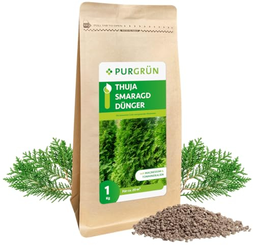 Purgrün® Thuja-Smaragd-Dünger 1 kg – Extra Magnesium schützt vor Nadelverfärbungen – Fördert ein dichtes Wachstum – Tonmineralien für einen gesunden Boden – Heckendünger für ca. 30 Pflanzen