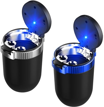 povtii 2PCS Car Ashtray with Lid, Detachable Stainless Steel Smokeless Ashtray with LED Blue Light, Portable Mini Windproof Automotive Trash Can for Cigarette, Car Accessories (Blue+Silver)