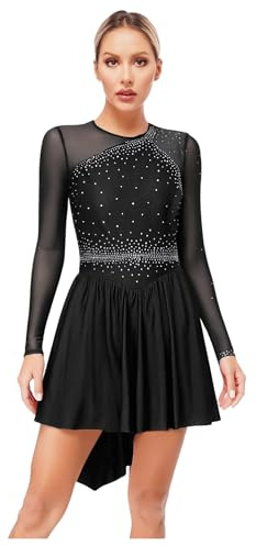 CHICTRY Eiskunstlauf Kleid Damen Langarm Glitzer Strass Rollkunstlauf Kleid Stehkragen Ballettkleid Mesh Patchwork Tanzkleid Mit Asymetrisch Rock Schwarz S