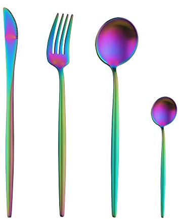 Buyer Star 32 Pieces Matte Rainbow Cutlery Set, Flatware Set Service for 8,Stainless Steel Silverware Set with Knives Spoons Forks, Dishwasher Safe