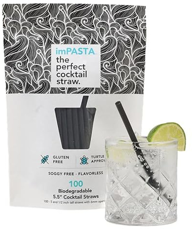 imPASTA Straws Biodegradable Cocktail Straws 5.5 Inch - 100 Count, Vegan-Friendly, Gluten-Free & Compostable, Never Cracks, 100% Flavourless, Eco-Friendly Drinking Straws Alternative to Plastic Straws
