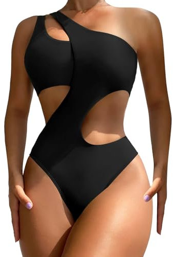 Badeanzug Sexy Pole Dance Outfit Damen-Badeanzug, einfarbig, modisch, mit hohler Bauchabdeckung, Bikini-Schwimmbadeanzug Bikini Hose Damen Bikinihose Schwarz Damen (Black, L)