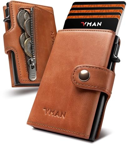 VMAN Geldbörse Herren aus Echtleder, Slim Wallet mit Münzfach & RFID Schutz, Premium Leder Geldbeutel für 8–11 Karten, Smart Wallet für unterwegs & Business – Hellbraun