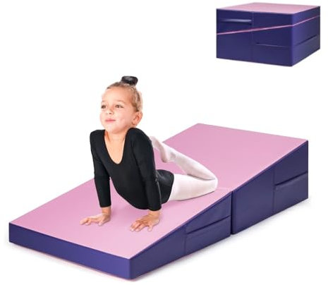 COSTWAY Schräge Gymnastikmatte, keilförmige Weichbodenmatte klappbar, 2 in 1 Turnmatte mit Tragegriff, Sportmatte Fitnessmatte Kinder für Zuhause, Gym, 150 x 75 x 36 cm (Rosa+Lila)