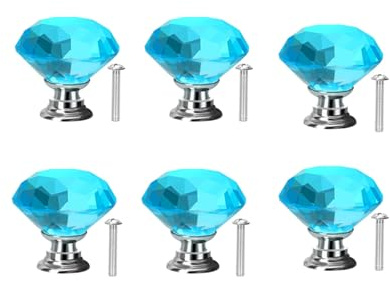 Crystal Drawer Knobs from Hotooldo -40mm Glass Drawer Knobs Crystal Door Handles Diamond Shaped Pulls with Screw for Home Kitchen Office Chest Cabinet Drawer,6Pcs Lake Blue-Silver Base