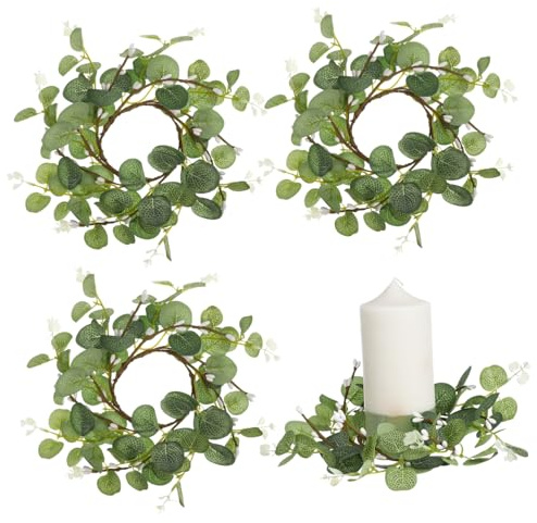 Hoement Kerzenringe Eukalyptuskranz 4 Stück Mit Kleinen Beeren Tischkerzenringe Aus Sicheren Materialien Für Valentinstag Und Weihnachten 8cm Dekoration