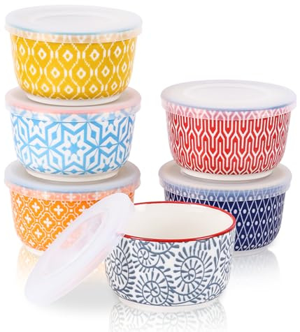 Selamica Ramekins with Lids, 8 oz Oven Safe Creme Brulee Ramekins with Covers, Souffle Dishes Pudding Custard Cups, Stackable Ceramic Small Ramekin Bowls Set for Baking, Dipping, Ice Cream, Set of 6, Assorted Colors