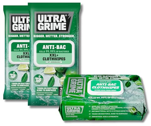 UltraGrime Antibacterial Wet Wipes Bundle Antiseptic Heavy-Duty Cleaning Cloths & Hand Wipes - Multi-Purpose Kitchen, Toilet, Floor & Surface Cleaning - Extra Large Cloth Wipes (Pack of 160)