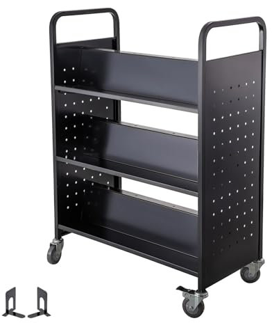 SENYAKI Zeitungsständer Bücherwagen Bibliothekswagen mit einseitigen W-förmigen schrägen Regalen in Schwarz Rollender Bücherwagen Weiß for die Schule(Black)
