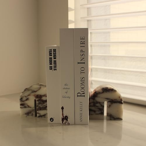 2 Stück Natürliche Calacatta Viola Marmor Buchstützen für Regale, Dekorative Buchstützen für schwere Bücher, Buchstopper Büro Bücherregal Dekor für CDs/Videospiele