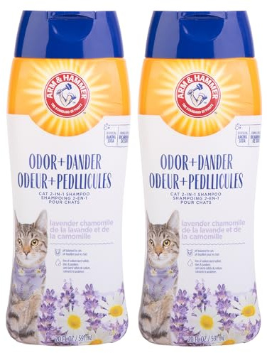 Arm & Hammer 2-in-1 Deodorizing & Dander Reducing Shampoo for Cats, Baking Soda Cat Shampoo for Dander, Odor Control and Coat Cleaning, Lavender Chamomile Scent, 20 Fl Oz - 2 Pack