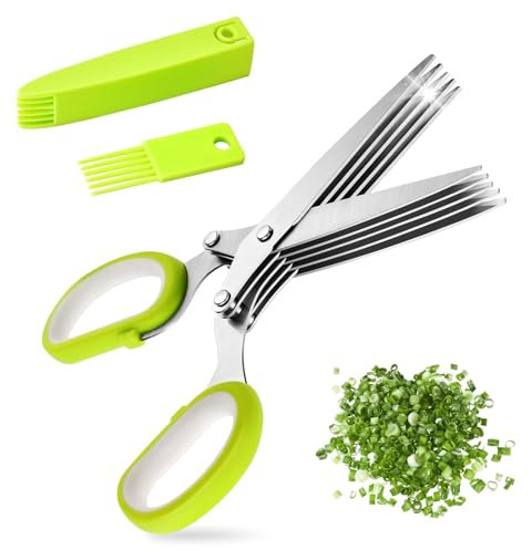 Jidyllic Herb Scissors,5 Blade Kitchen Herb Shears Stainless Steel Multi Blade Kitchen Scissors with Lid and Cleanup Comb for Chopping Chive Onion Cilantro Vegetables
