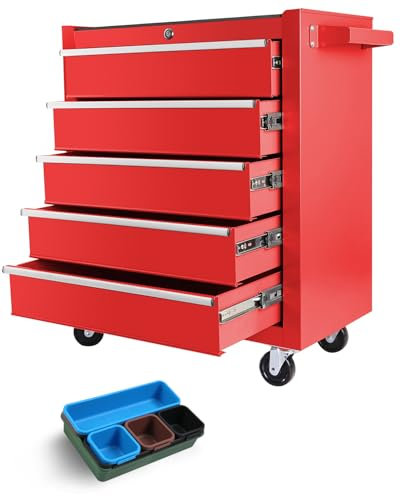 Fitenlor Tool Chest, Tool Boxes with 5 Drawers, Tool Cart with 7 Organizer Tray Divider Set & Wheels, Large Rolling Tool Box Organizer for Garage, Workshop, Home Crafts