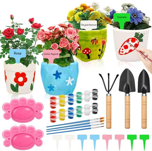 Sinmoe Juego de 4 DIY Macetas de Cerámica Kit de Pintura para Macetas Mini Herramientas de Jardinería Regalos para Cultivar Flores Juego de Pinta Tu Propia Maceta