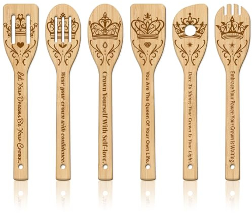 GLOBLELAND 6 Pièces Ensemble D'Ustensiles de Cuisine en Bambou Roi et Reine Couronne Cuillères Gravées en Bois Spatules de Cuisine Ensemble de Cuillère pour Mère l'amie Femmes Cadeau