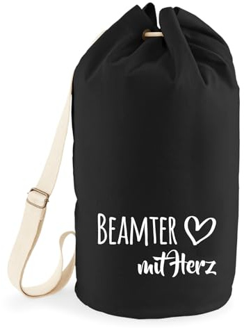 Huuraa Seesack Beamter mit Herz Geschenk | Tasche 20 Liter Strandtasche Black Baumwolle Rucksack Geschenkidee Schwarze Sporttasche Duffle Bag mit Kordelzug Verschluss