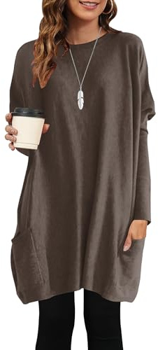 AUSELILY Longpullover für Damen Langarmshirt Lang Oversized Rundhalsausschnitt T-Shirts Sweashirt Tunika Damen Pulli Long-Shirt Kleid mit Taschen