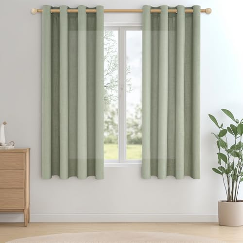 CUTEWIND Vorhänge Kurz Gardinen mit Ösen Halbtransparent für Wohnzimmer Küche Fenster 2er Set Vorhang Leinenoptik Salbeigrün Schlafzimmer Kinderzimmer, H 145 x B 140 cm