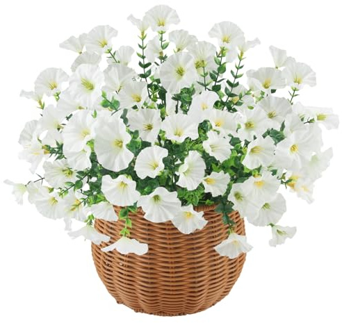 YUE QIN 10 Bündel Künstliche Balkonpflanzen Petunia Kunstblumen Weiß | Blumen Balkon Kunststoff Blumen Kunstblumen Wie Echt Uv Beständig für Garten Büro Balkon Deko