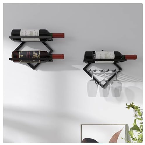 BSKJMMP 2 Mensole Sospese da Bar in Metallo Portabottiglie da Parete con Portabicchieri Mensola Espositiva per Bottiglie per la Casa Cucina (Colore: Nero)