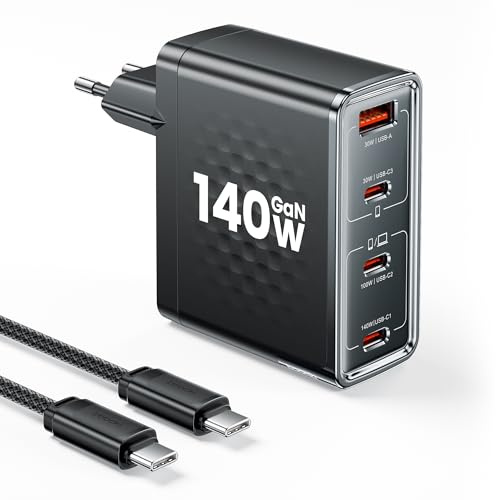 toocki Chargeur GaN 140W USB C, 4 Ports, PD 3.1, avec Câble Charge Rapide | PPS, Multi-Protection, Design Compact pour MacBook Pro/iPhone 17/16 Pro Max/Galaxy S25/iPad/AirPods/PC, Idéal Bureau/Voyage
