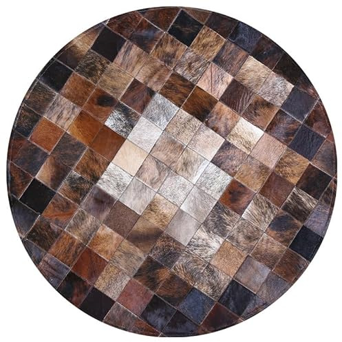 Tappeto in pelle bovina naturale, rotondo, patchwork, fatto a mano, in pelle ecologica, per soggiorno, grande scaldapiedi (diametro 140 cm)
