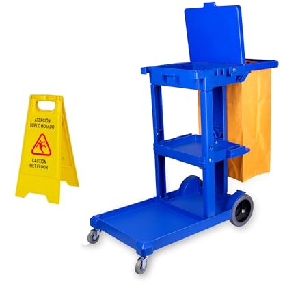 NOLDAR | Carro de Limpieza Profesional con Bolsa. Incluye señal de Advertencia Suelo Mojado - Carrito de Limpieza con 3 estantes, Plataforma Frontal y Ruedas Resistentes. Color Azul