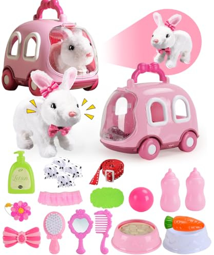 21 Pezzi di Interattivo Elettronica Peluche per Bambini, Giocattoli di Peluche Interattivi a Forma di Coniglio, Giocattoli Elettronici per Animali Domestici con Gabbia, Set Regalo Ragazze Ragazzi