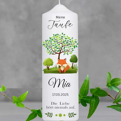 Personalisierte Taufkerze für Mädchen -Jungen mit Taufspruch,Lebensbaum und Fuchs-Motiv im Walddesign-ideal für die Taufe,als Geschenk zur Taufe,Patenkerze oder auch für Konfirmation und Kommunion.