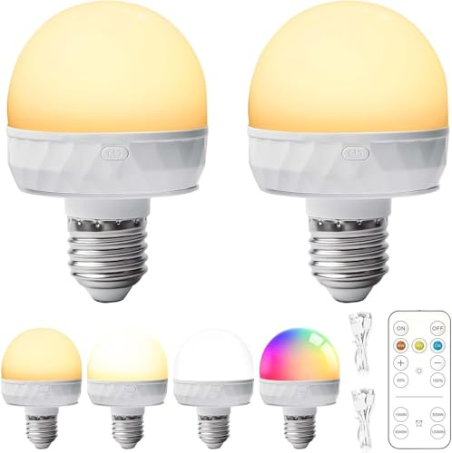 Bombilla recargable con mando a distancia, paquete de 2 bombillas LED E27 de policarbonato, bombilla LED RGB magnética, bombilla con pilas con temporizador, lámpara de emergencia para acampar