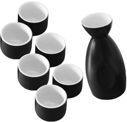 MUELODSIC Juego de Botella y Tazas de Sake de Cerámica Negra y Blanca 6 Copas Redondas para Bebida Japonesa de Vino de Arroz Recipiente para Sake Caliente Kit Tradicional para Servir y