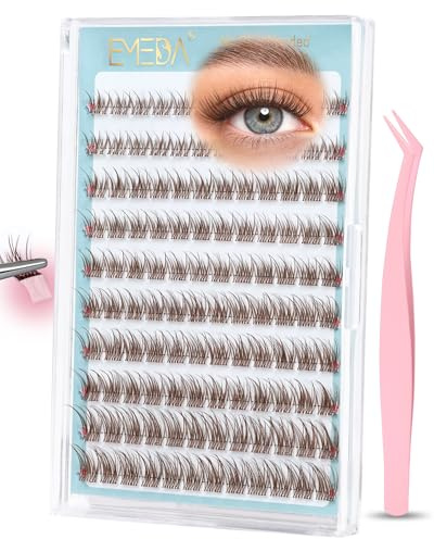 EMEDA Braune Selbstklebende Wimpern Extensions, Vorgeklebte Cluster Wimpern Ohne Kleber - Für Natürlichen Voluminösen D-Curl Look mit Transparentband, 8-14mm Mix, Einfach Aufzukleben