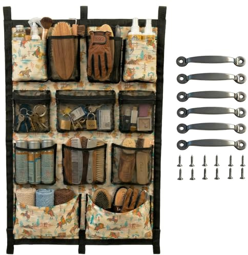 ZXFNNCY Horse Trailer Organizer & Grooming Bag - Large Hanging Door Caddy with Deep Mesh Pockets for Spray Bottles & Brushes - Heavy Duty 900D Polyester Tack Room Storage for Barn & Stall, 23 x 34