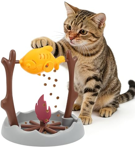 Jouet de barbecue pour chat - Distributeur de friandises - Gamelle lente - Poisson rotatif unique et flamme - Jeu d'entraînement cognitif - Enrichissement - Jouet de stimulation interactif pour chaton