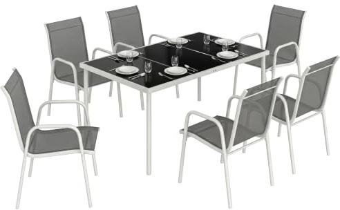 Outsunny Set Tavolo e Sedie da Giardino 7 Pezzi, Set Pranzo Esterno con 6 Sedie Impilabili in Texteline, Tavolo in Vetro Temperato, Struttura in Metallo, per Terrazza Balcone, Grigio
