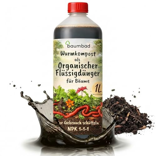 baumbad Flüssigdünger Bäume – Organischer Dünger auf Wurmkompost-Basis mit lebenden Mikroorganismen & Huminsäuren – Für alle Baum- und Gehölzarten (1L)