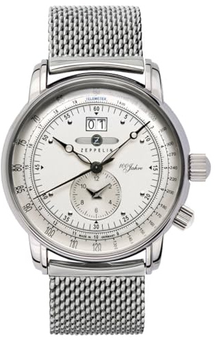 Zeppelin 100 Jahre Herrenuhr 7640M-1 – Made in Germany – Edelstahl silberfarben – Big Date – Zweite Zeitzone – Milanaiseband silberfarben – 42 mm