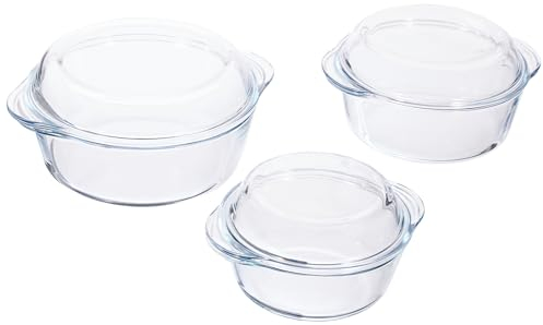 3er Set Glas Auflaufform rund mit Deckel Bräter Schüssel Schale Glasschale 6tlg