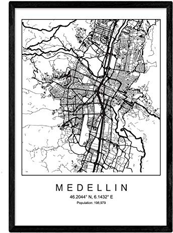 Nacnic Lámina Mapa de la Ciudad Medellin Estilo nordico en Blanco y Negro. Poster tamaño A3 Sin Marco Impreso Papel 250 gr. Cuadros, láminas y Posters para Salon y Dormitorio
