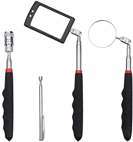 Homgaty 4-Teiliges Teleskop-Magnet-Tonabnehmer-Werkzeug-Set mit Pick-Up Stab LED Lichter und Quadratisch/Runder Inspektionsspiegel, Teleskopgriff 360 drehbar für Extra Beobachtung