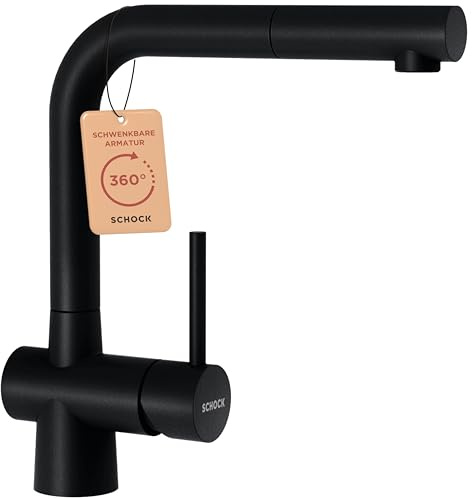 SCHOCK® Küchenarmatur LAIOS Puro I schwarze Hochdruck Armatur mit ausziehbarer Schlauchbrause I 360° schwenkbar I Edelstahl lackiert I Einhebelmischer I Höhe 285 mm