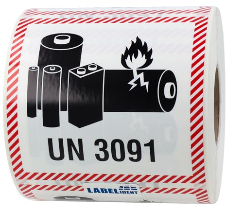 Labelident Lithium-Metall-Batterien Transportaufkleber UN 3091, 100 x 100 mm, 500 Etiketten aus PE-Folie (Polyethylen) auf Rolle, Gefahrgutaufkleber für Versand