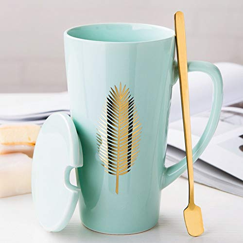 MUXUE Keramik Kaffeetasse, Elegante Teetassen mit Deckel und Löffel, Großer Keramik-milchbecher mit Henkel, Kreative Home & Office Geschenke für Freunden und Familien, 500ml (Grün-01)