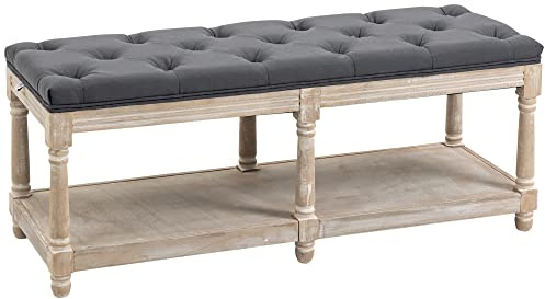 HOMCOM 2-Tier Bed End Bench, Vintage Stool, Wooden Window Seat with Storage Shelf, Button Tufted Upholstered Footstool for Living Room, Bedroom, Entryway, Grey