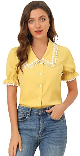 Allegra K Women's Sweet Peter Pan Contrast Collar Short Sleeves Button Up Blouse Tops X-Large Yellow