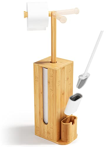 Rainsworth Klopapierhalter Stehend mit Klobürste - 3 in 1 WC-Garnitur aus Bambus mit Toilettenpapierhalter und Aufbewahrung, Toilettenpapierhalter mit Bürste, HBT 71.6 x 15.5 x 21.5 cm