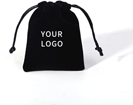 JFJLETY 50 Stück Schmuckbeutel Samtbeutel mit Kordelzug für Hochzeit, Weihnachten, Party, Dekoration, Wimpern, Make-up, Aufbewahrungstaschen, schwarz mit Logo, 9 x 12 cm