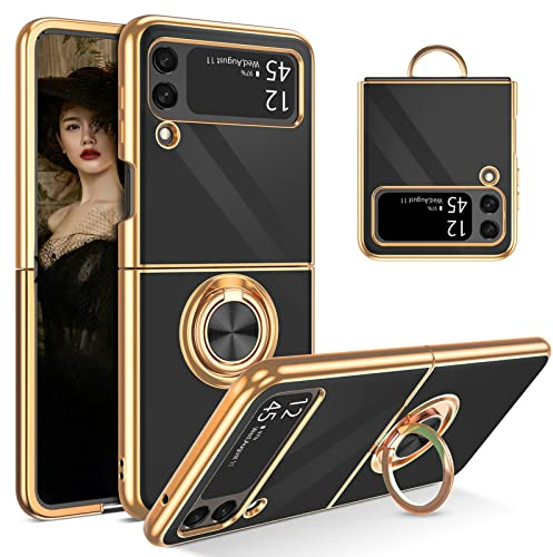 YINLAI für Samsung Galaxy Z Flip 3 5G Hülle Handyhülle Samsung Z Flip 3 Mit 360 Gold Magnet Ring Ständer Halter Weiche Glitzer Silikon TPU Slim Cover Case Hülle für Samsung Galaxy Z Flip 3,Schwarz