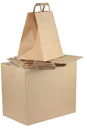 Commerline Papiertüten 250 Stück, Braun, 32+17x27 cm | Kraftpapier Tüten Klein Mit Henkel | Tragetasche Groß Papiertragetaschen Papiertüte Papiertaschen