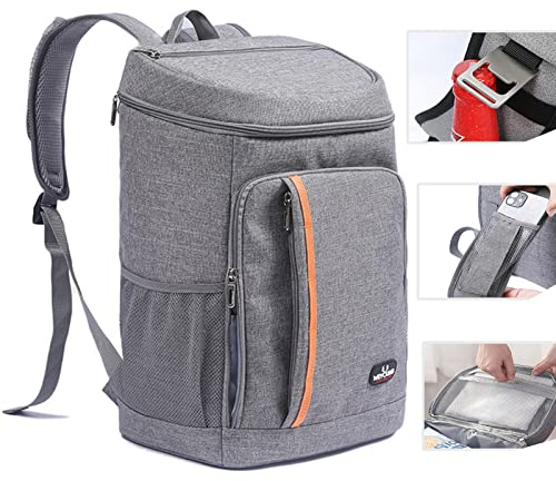 QINGLOU 28L Kühlrucksack Thermo Rucksack Picknickrucksack Kühltasche Groß Isoliert Cooler Bag Männer Frauen für Picknick/BBQs/Camping/Ausflügen/Einkaufen (Grau)
